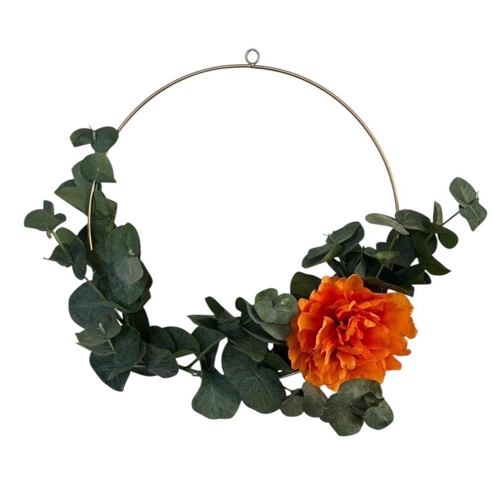 Minimalist Fall Hoop Wreath with Orange Peony & Eucalyptus 12"
